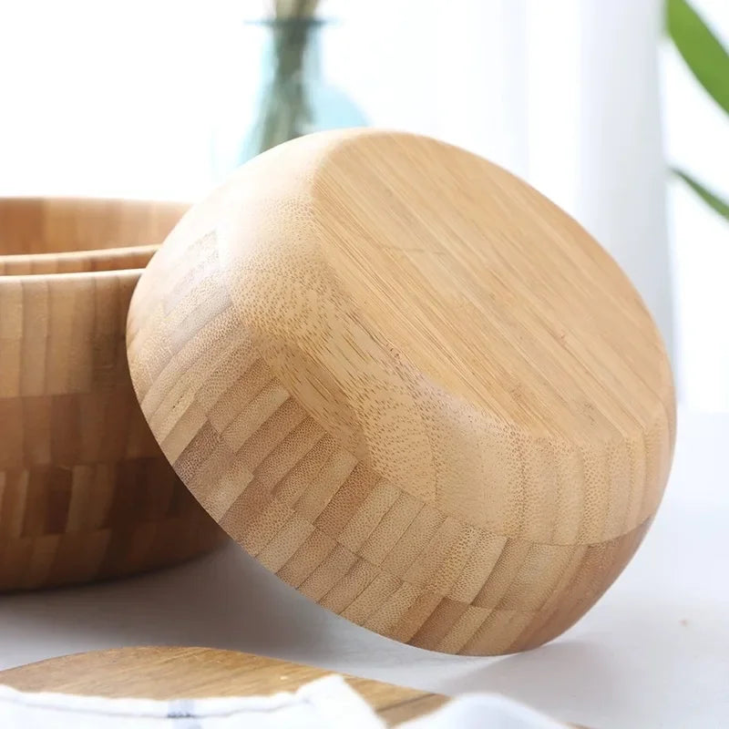 Bamboo salad bowl and noodle mixing large wooden tableware thickened natural material no paint wax