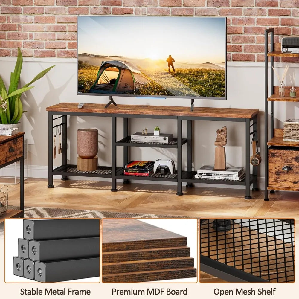 Tv stand for tvs up to 55 inch entertainment center with open storage media console table soundbar shelf - rustic brown