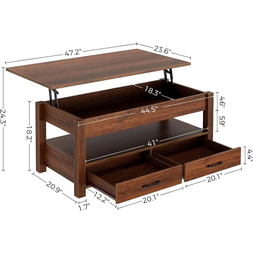 Coffee table 47.2’’ lift top with drawers and hidden compartment retro central wooden tabletop - espresso 47.2 / united