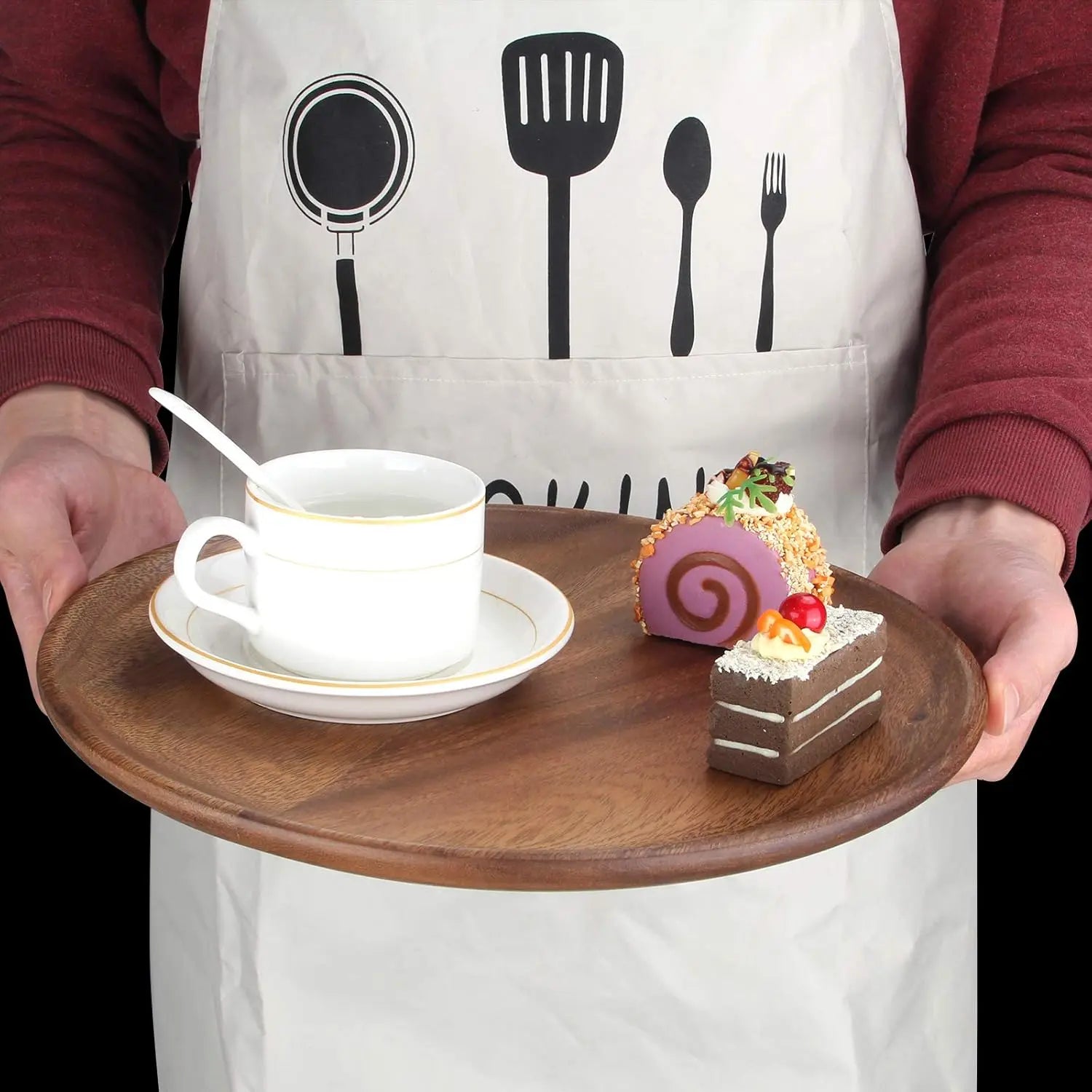 12 inch best acacia wooden dinner plates set of 2 round wood serving tray for eating salad fruit food dishe platt