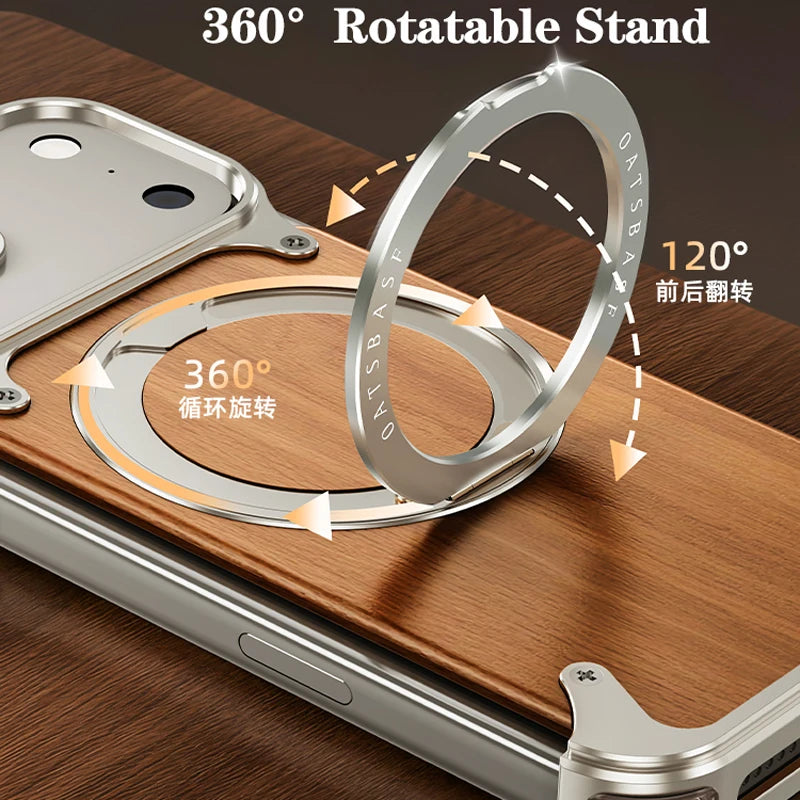 Eary magnetic wooden case for iphone 17 pro max air magsafe wireless chargers 360°rotating stand aluminum solid wood