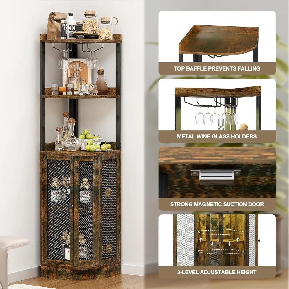 Corner bar cabinet with wine rack 65’’ h 5-tier brown wood liquor display magnetic doors for home living room kitchen s