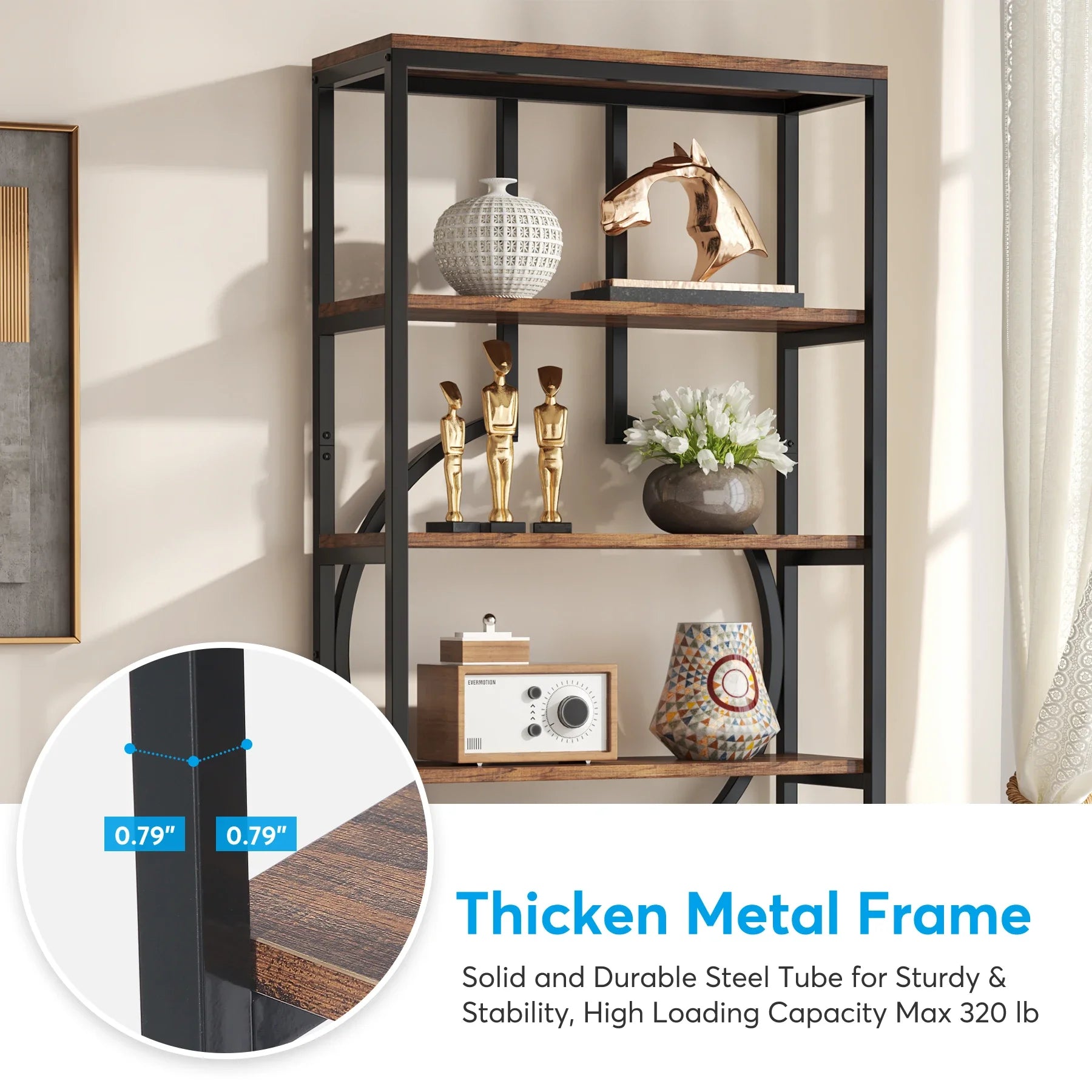 Tribesigns industrial bookshelf tall bookcase with open shelves wood and metal display shelf storage