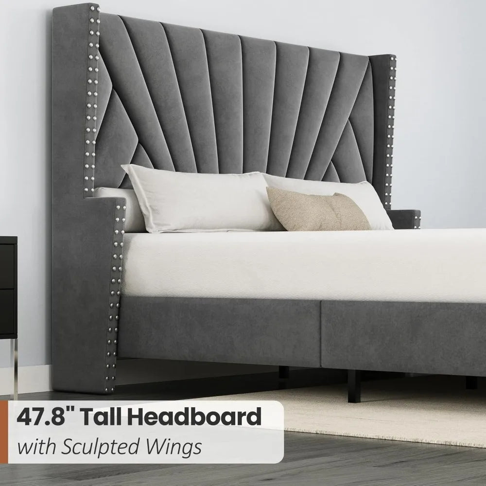 Grey queen size upholstered platform bed frame with 47.8’’ tall velvet geometric tufted wingback headboard wooden slats