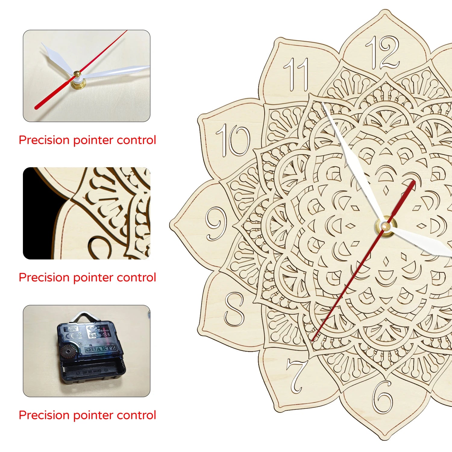 Mandala wooden wall clock for yoga studio floral art natural rustic home decor timepieces layered lotus silent quartz