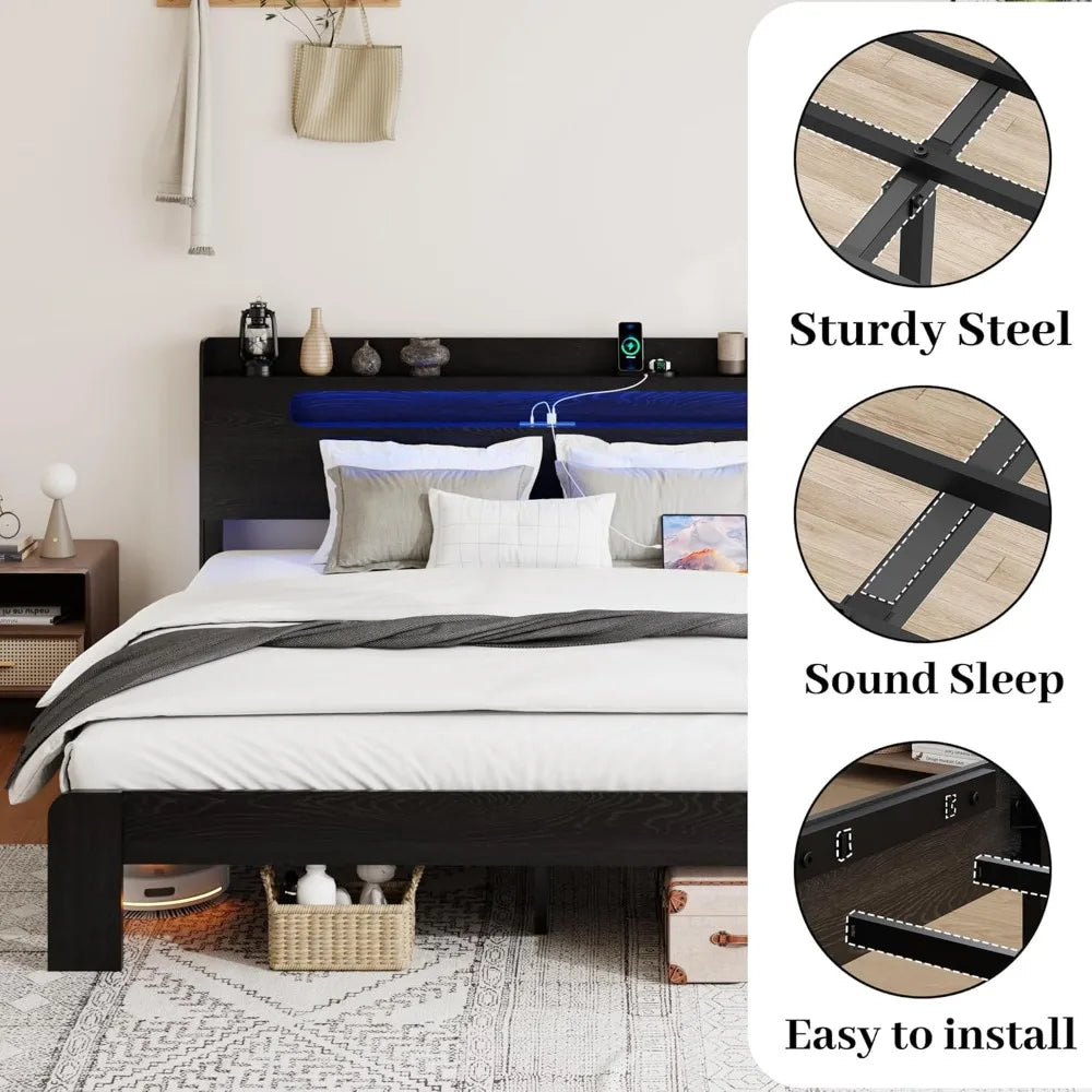 Wooden queen size bed frame with storage headboard farmhouse platform bedframe charging station & led lights