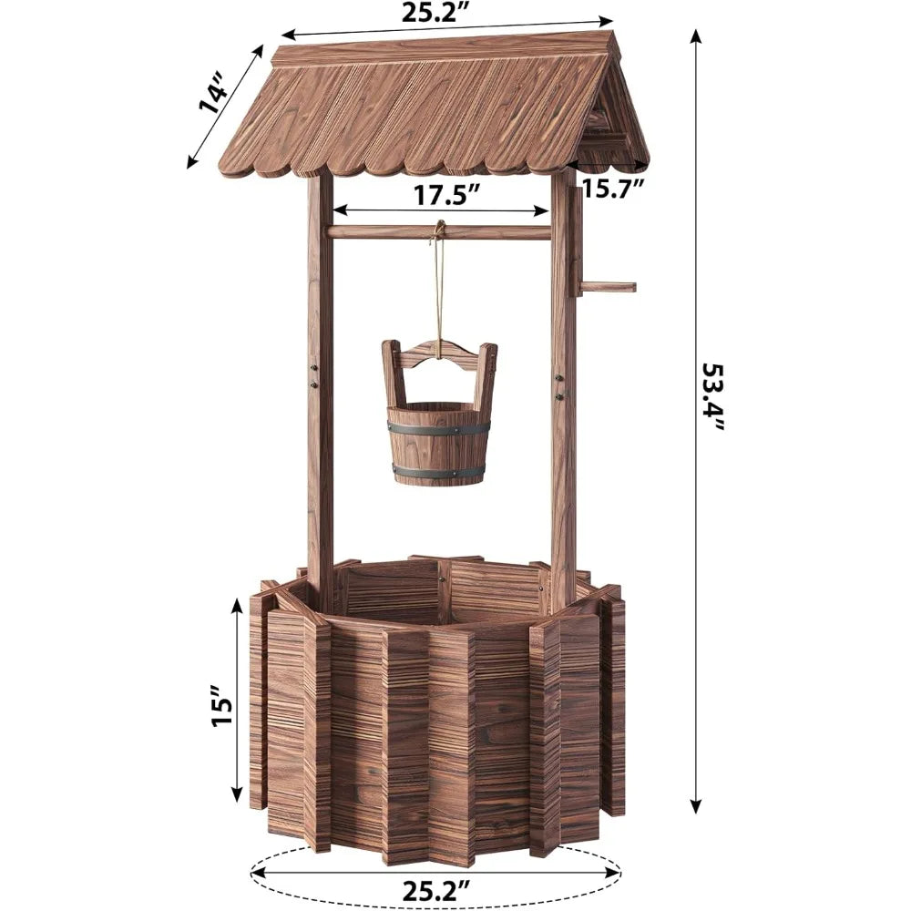 Oneinmil outdoor wooden wishing well planter with hanging bucket for flower and plants home decor patio,garden
