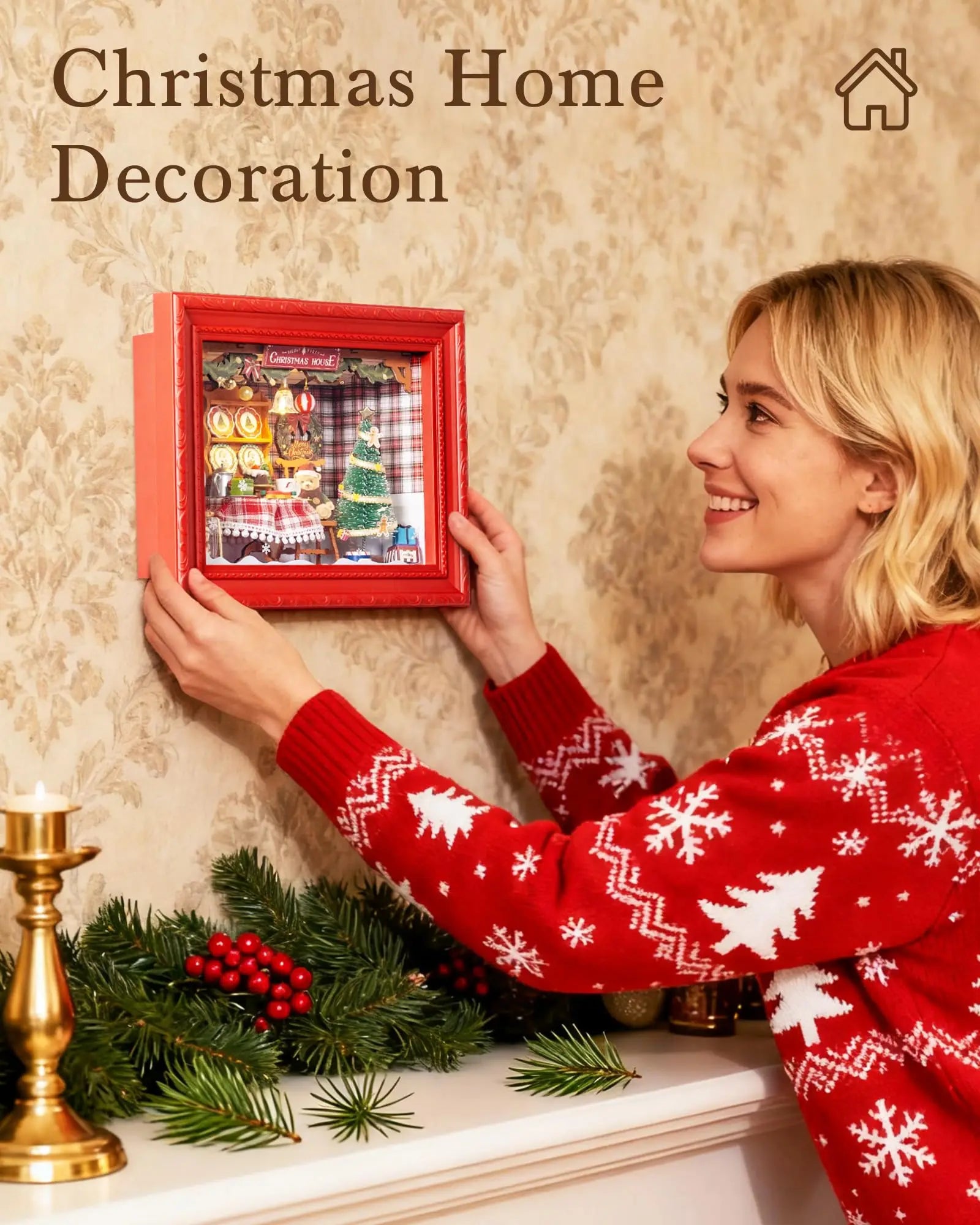 Rolife christmas eve party 3d led diorama snap together wooden puzzle kit for wall tabletop festive home decor gift