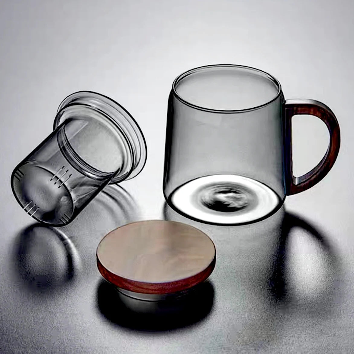 Tea water separation glass cup with walnut wooden handle chinese heat resistant puer filter cups kung fu set - black