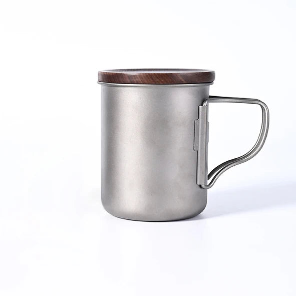Titanium mug with walnut wood lid outdoor coffee tea milk beer cola cup portable folding handle camping travel mugs