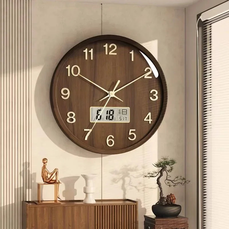 New chinese solid wood wall clock living room household quartz with calendar atmospheric decorative