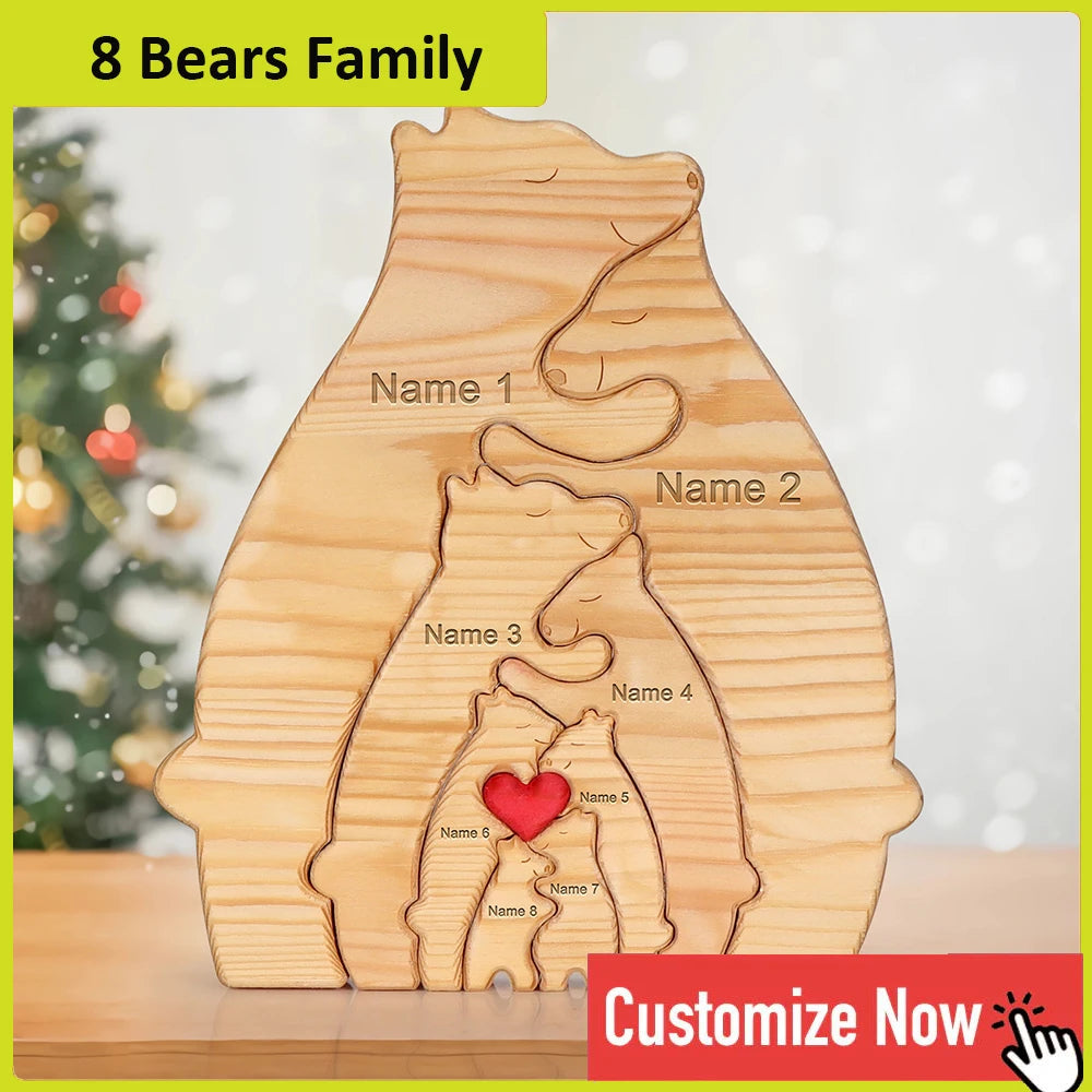 Personalized custom bear family wooden puzzle diy free engraving name sculpture home deskdecor figurines christmas