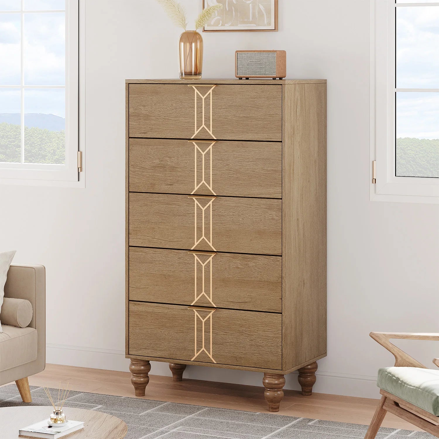 125cm tall wooden 5 drawer dresser with vintage design modern stylish deep drawers for bedroom living room entryway