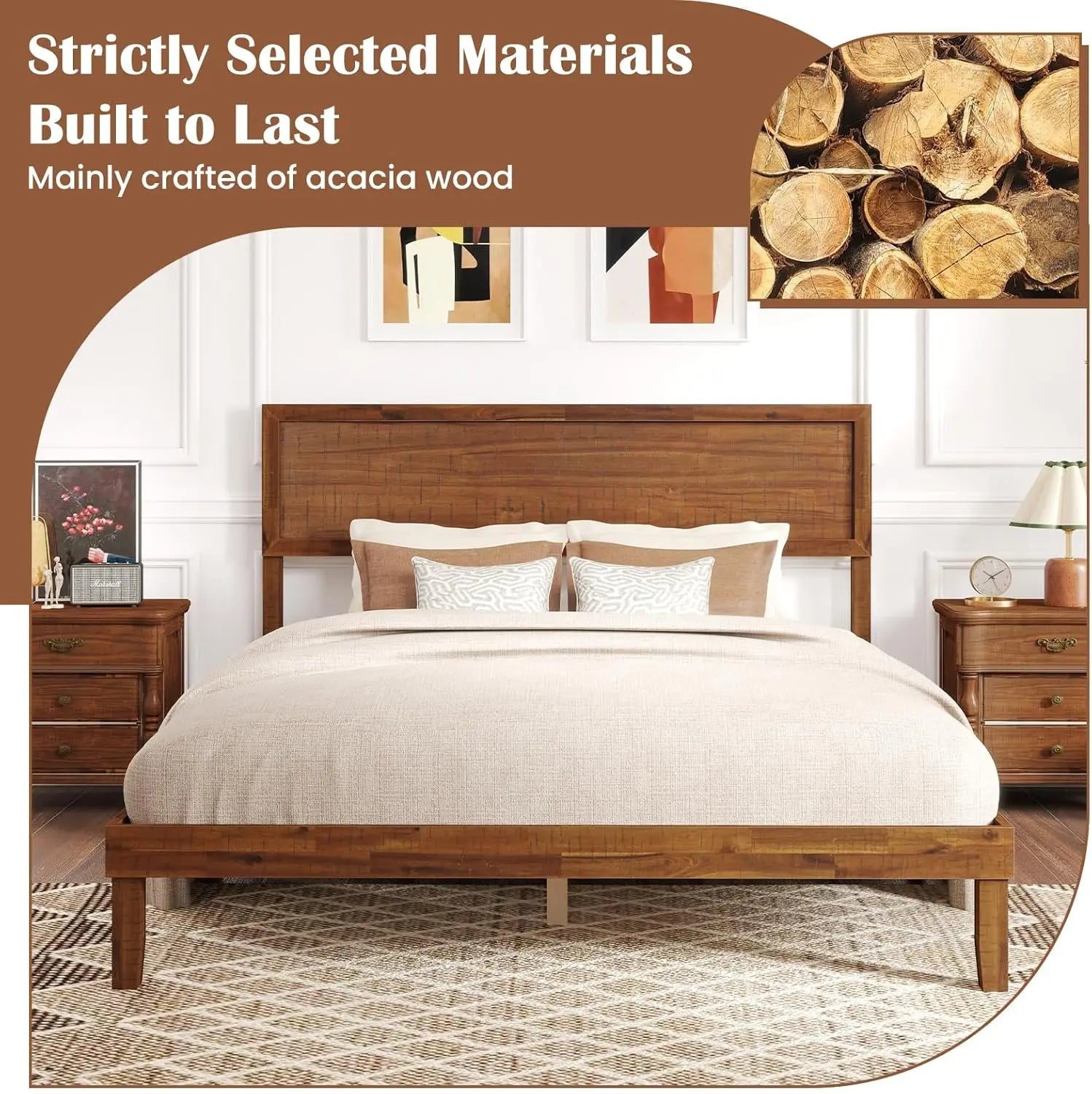 Wood queen bed frame with headboard mid century modern platform size solid legs & wooden slat support - united states