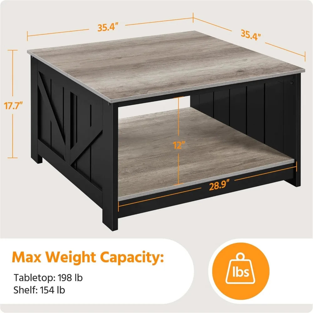 Square wooden coffee table with storage for living room 31.5 inches dining center - united states / gray and black