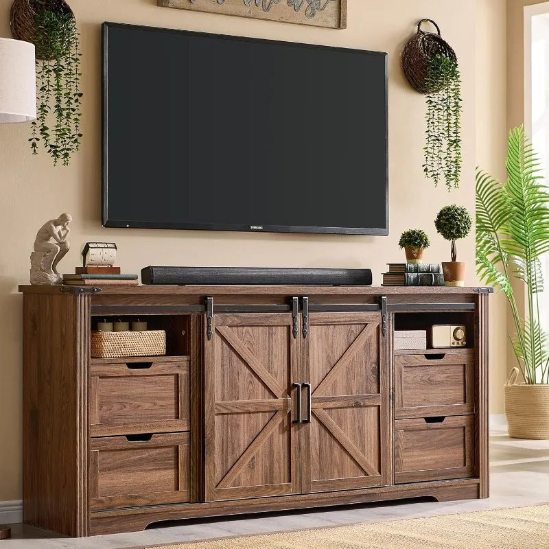 Farmhouse tv stand for 75+ inch 32’’ tall entertainment center w/4 drawers & sliding barn door - united states