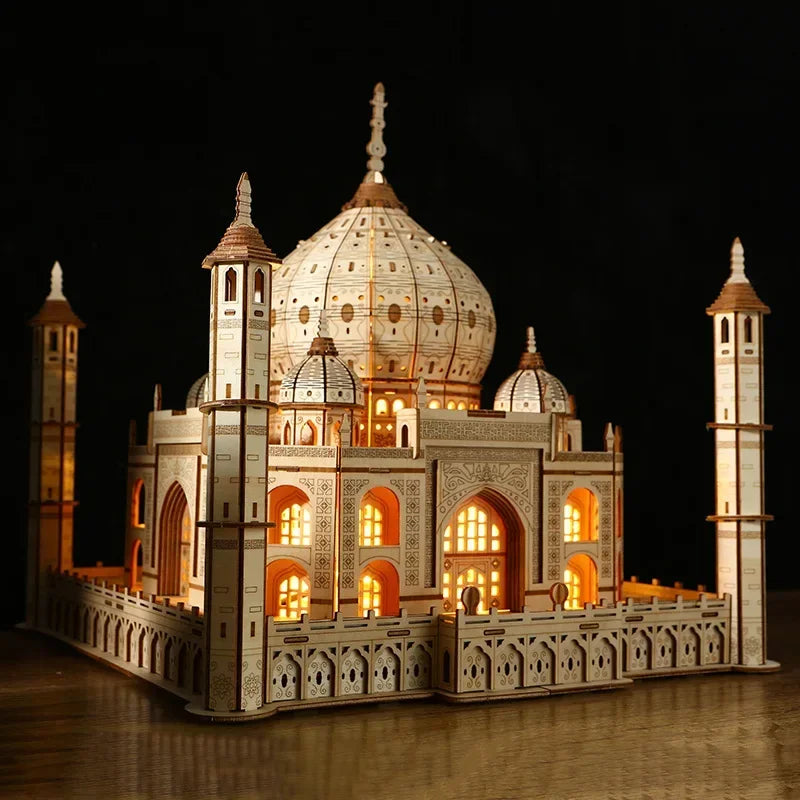 3d wooden puzzle house royal castle taj mahal with light assembly toy for kids adult diy model kits desk decoration