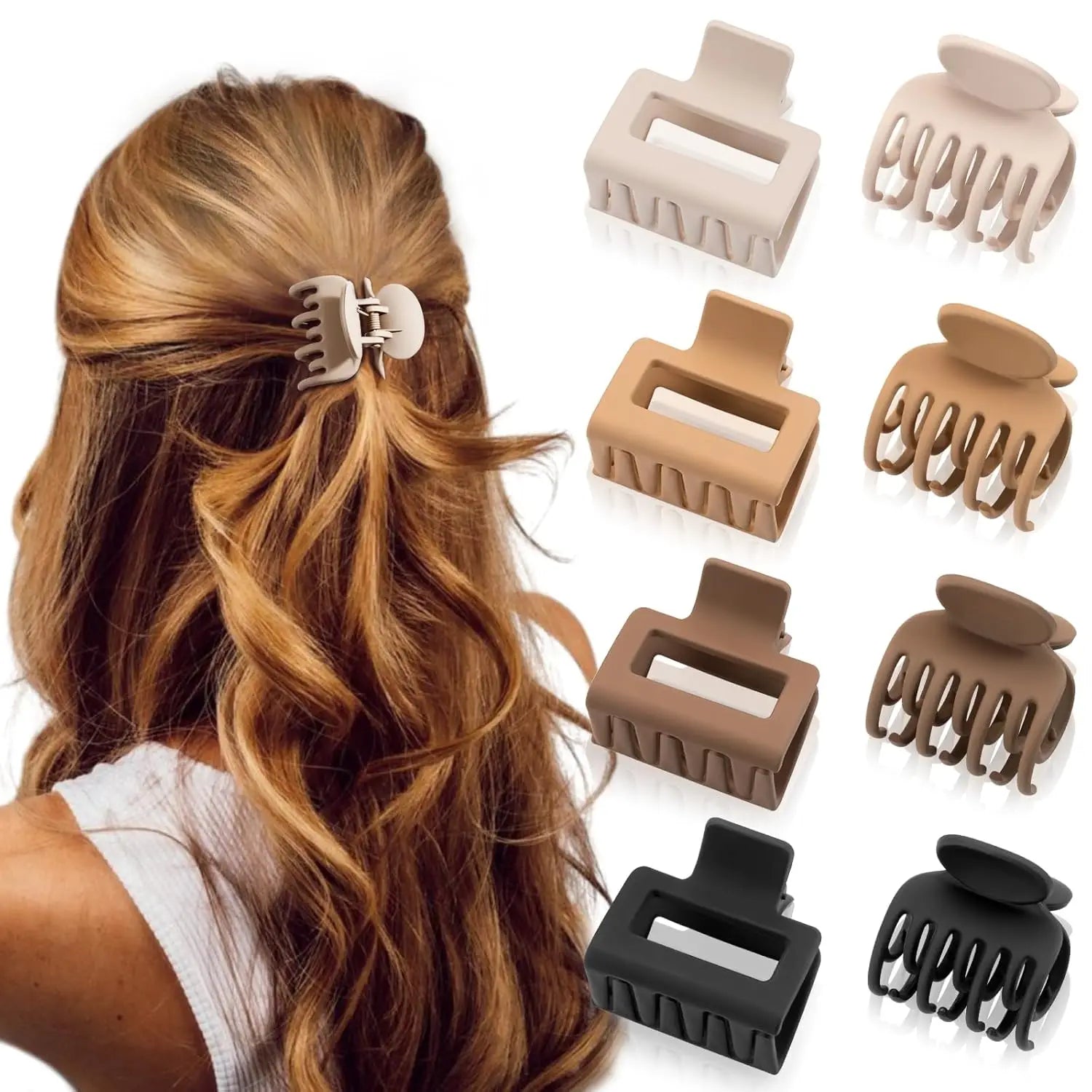 Matte small claw clips rectangle & double row nonslip for thin/medium hair - beige khaki brown black - united states