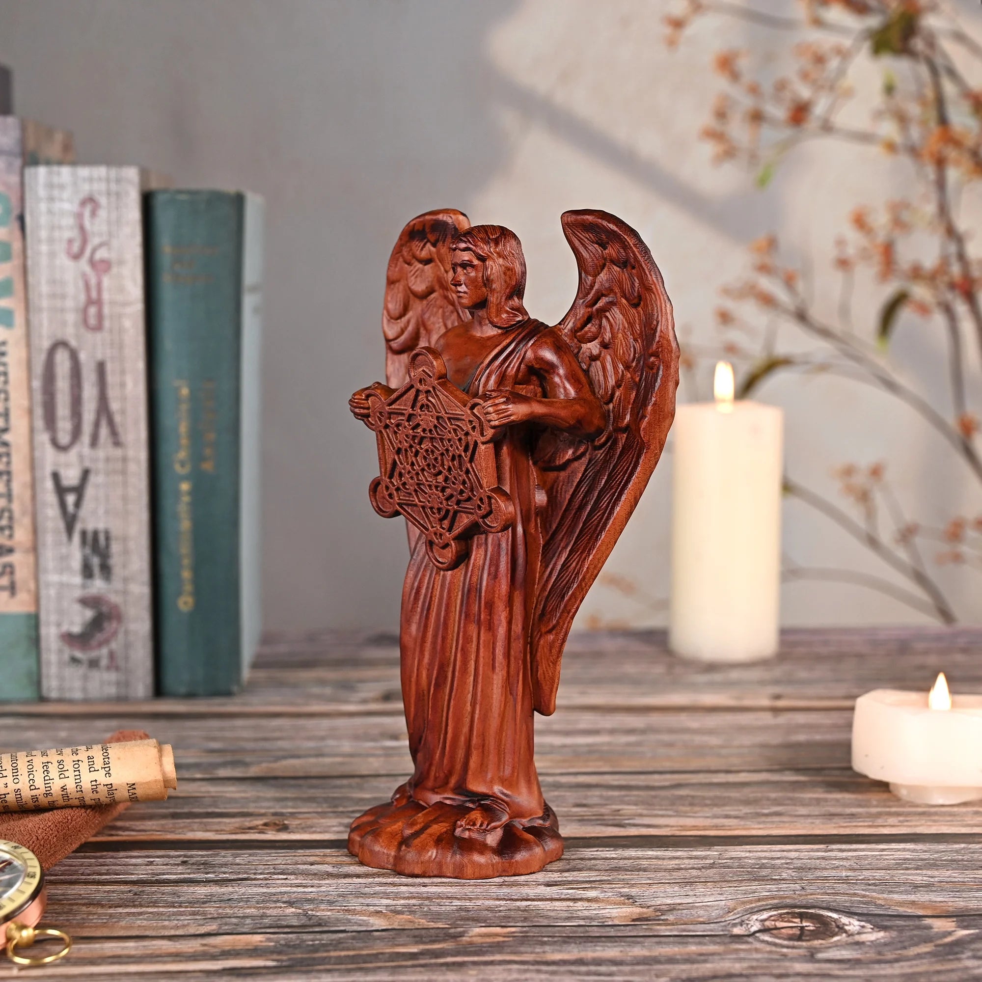 European metron archangel sculpture art decoration home garden club solid wood carving craft - religious (christian)
