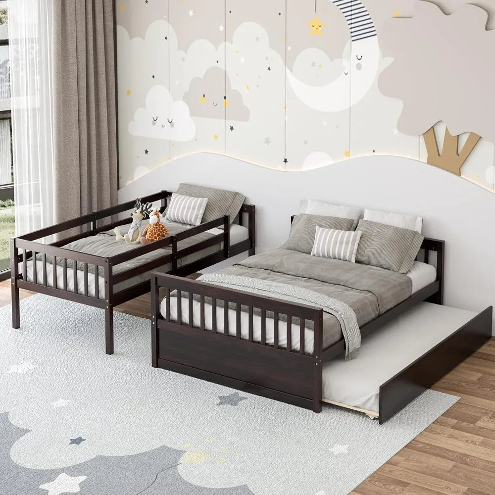 Wood twin over full bunk bed with trundle frame solid pine space-saving ladder & safety