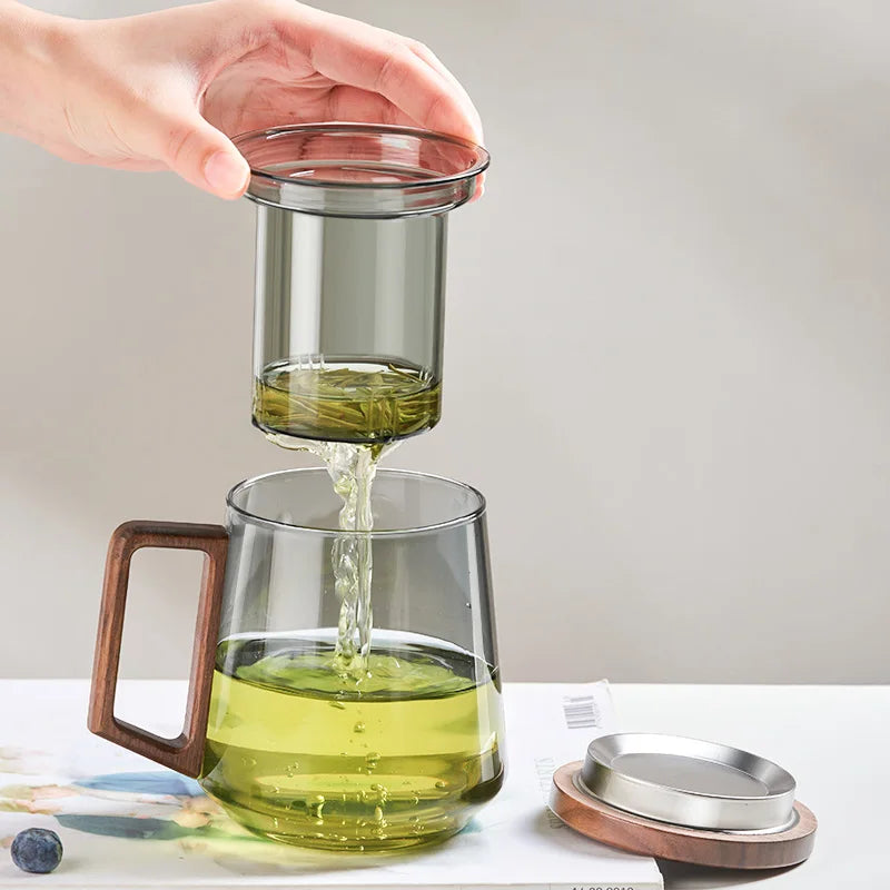 Gianxi glass tea cup with wood handle chinese heat resistant puer filter cups high quality and convenient kung fu set