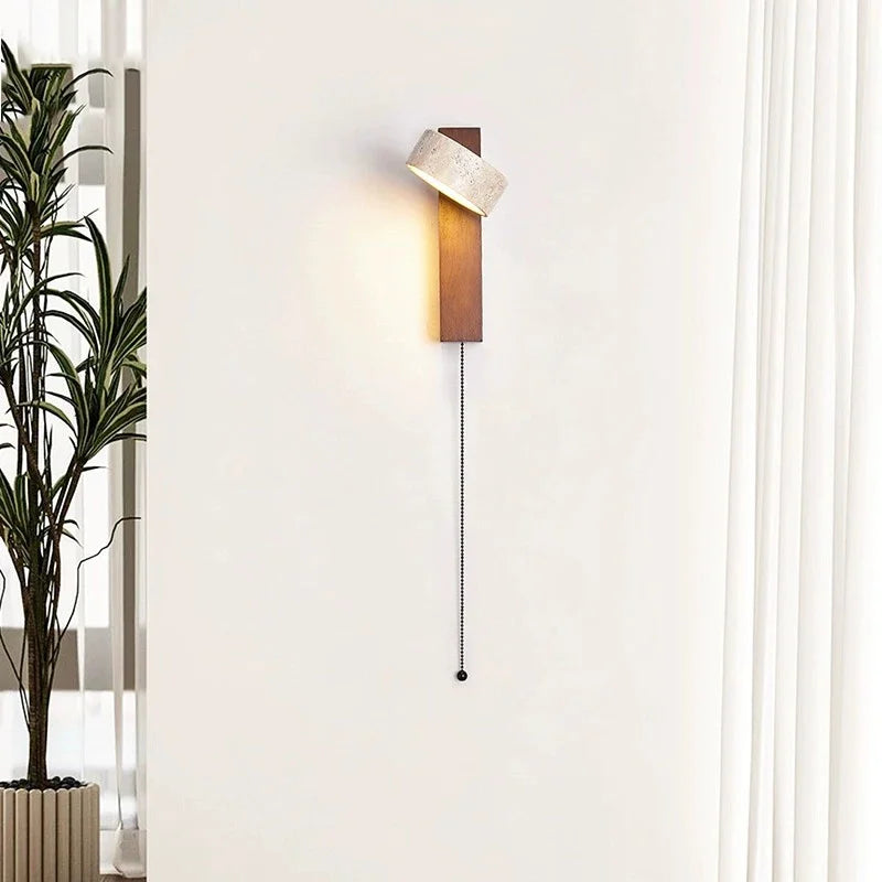 Cream style bedroom bedside wall lamp with pull switch wire rotatable led light stone homestay log wood walnut soft