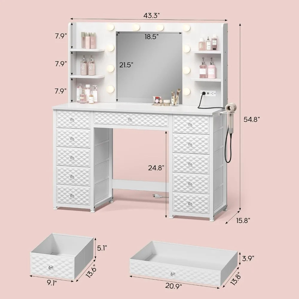 Lighted 11-drawer makeup vanity with power outlet 6-tier storage 43.3’’ desk mirror for dressing - united states / white