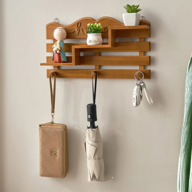 Entrance wall hangers key holder solid wood storage rack door hooks hanger plants pot shelf home decor