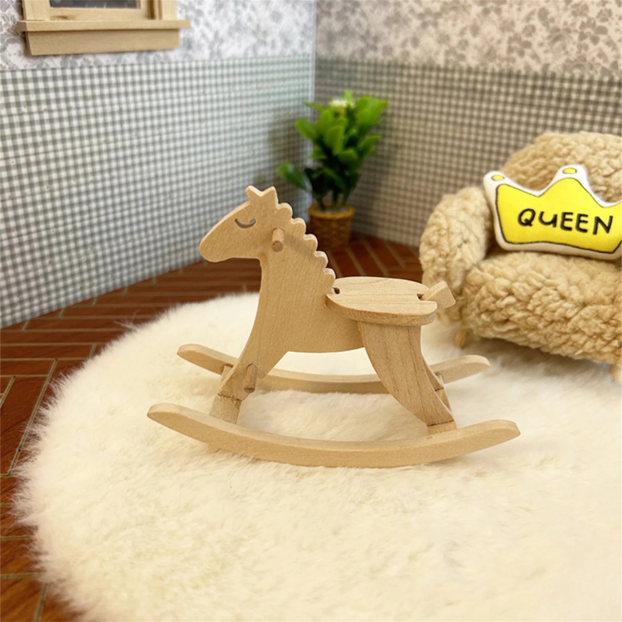 Vintage wooden rocking horse miniature figurine for dollhouse decor and photo props in mini scene shooting - light