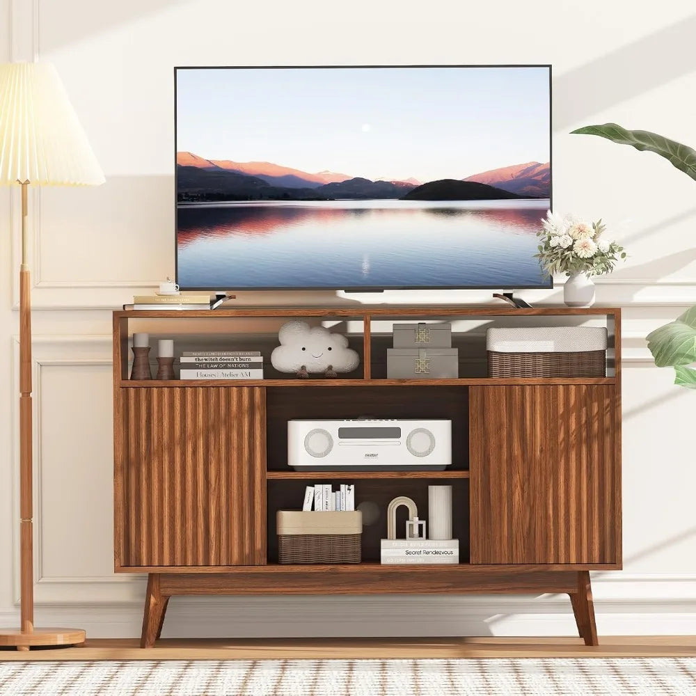 Fluted tv stand for 60 inch modern entertainment center with storage and shelves wood console solid leg