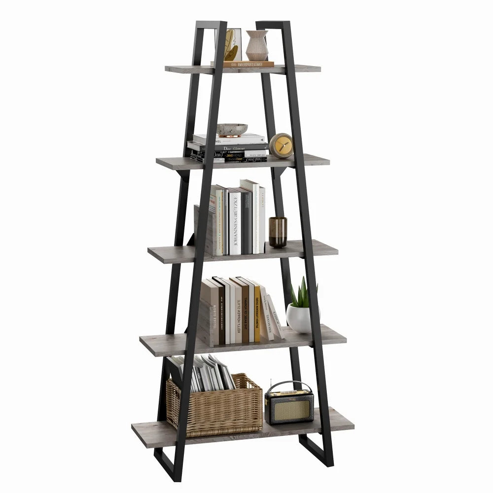 5-tier ladder shelf bookcase industrial wood bookshelf with storage rack organizer narrow open book for living room