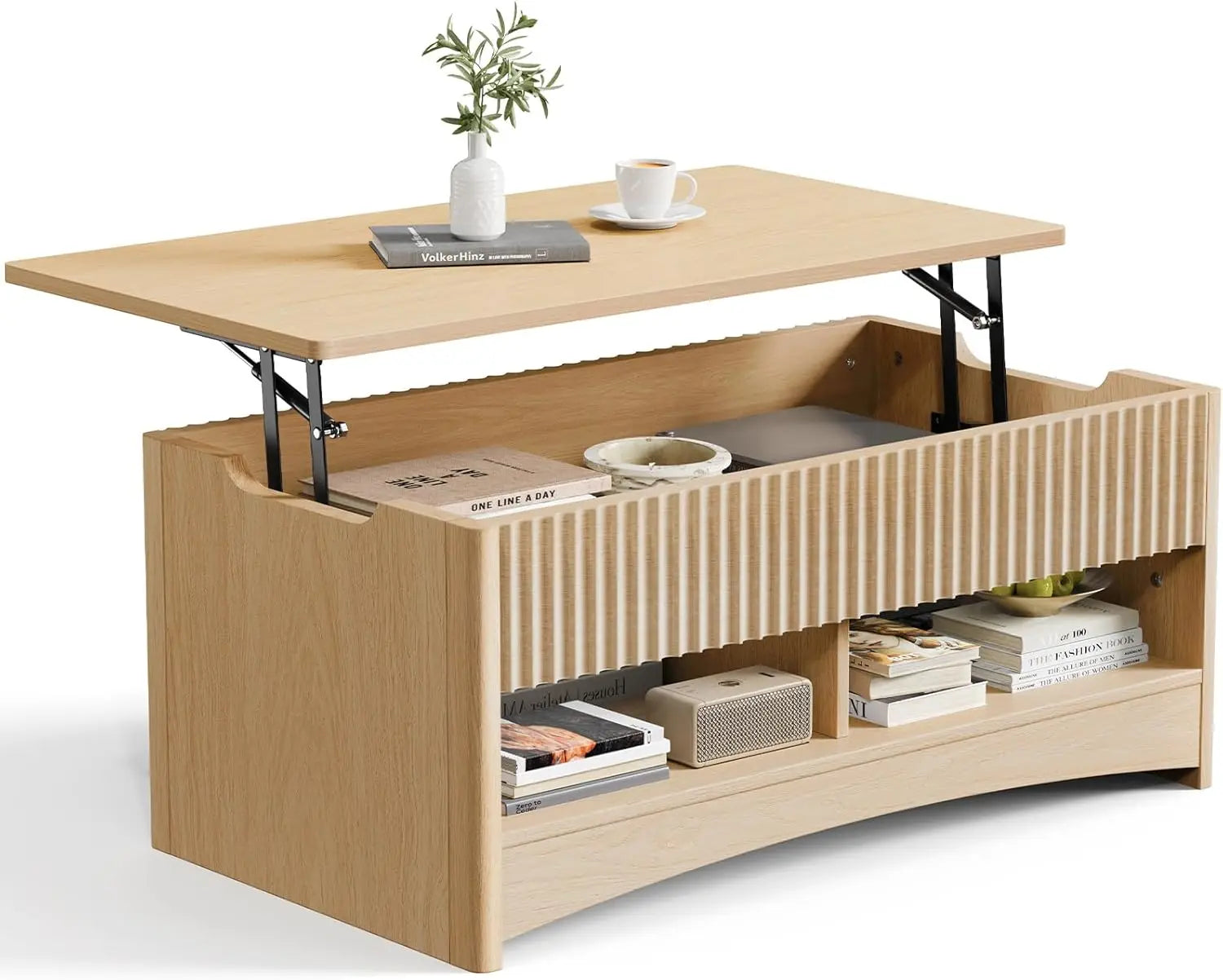 Coffee table fluted lift top 35.2’’ wood with storage shelf & hidden compartment modern rectangle center for - nature