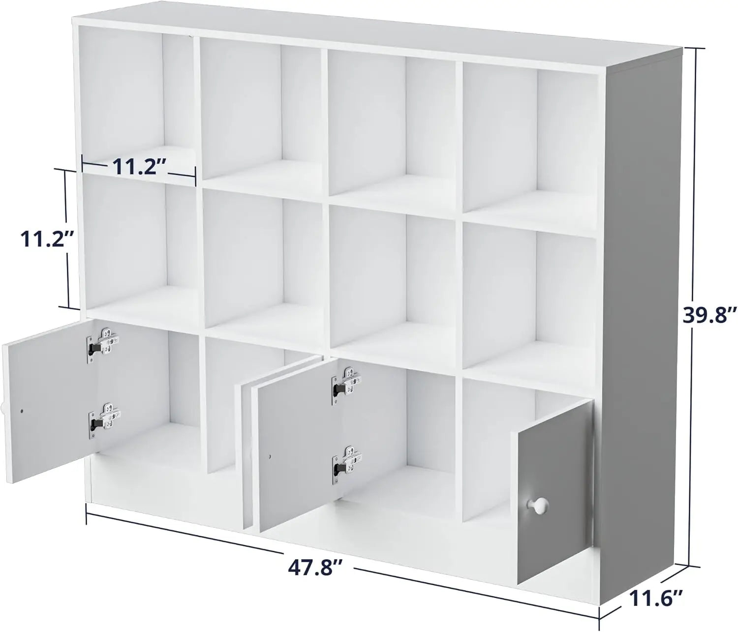 White wood bookcase,12 cube storage organizer bookshelf with 4 doors,3 tier cabinet adjustable shelves·hot sale