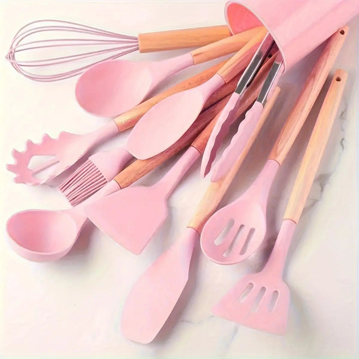 12pcs set of multi-color silicone wooden handle kitchenware non stick pot spatula and spoon cooking utensils