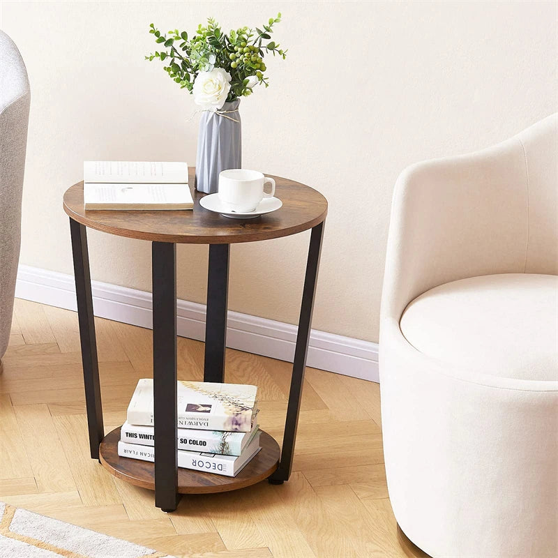 Round end tables small side table walnut color metal frame black tall storage for bed room coffee tea - united states