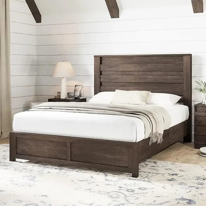Farmhouse queen size bed frame with 49’’ tall headboard platform natural wood grain no box spring needed/noise free