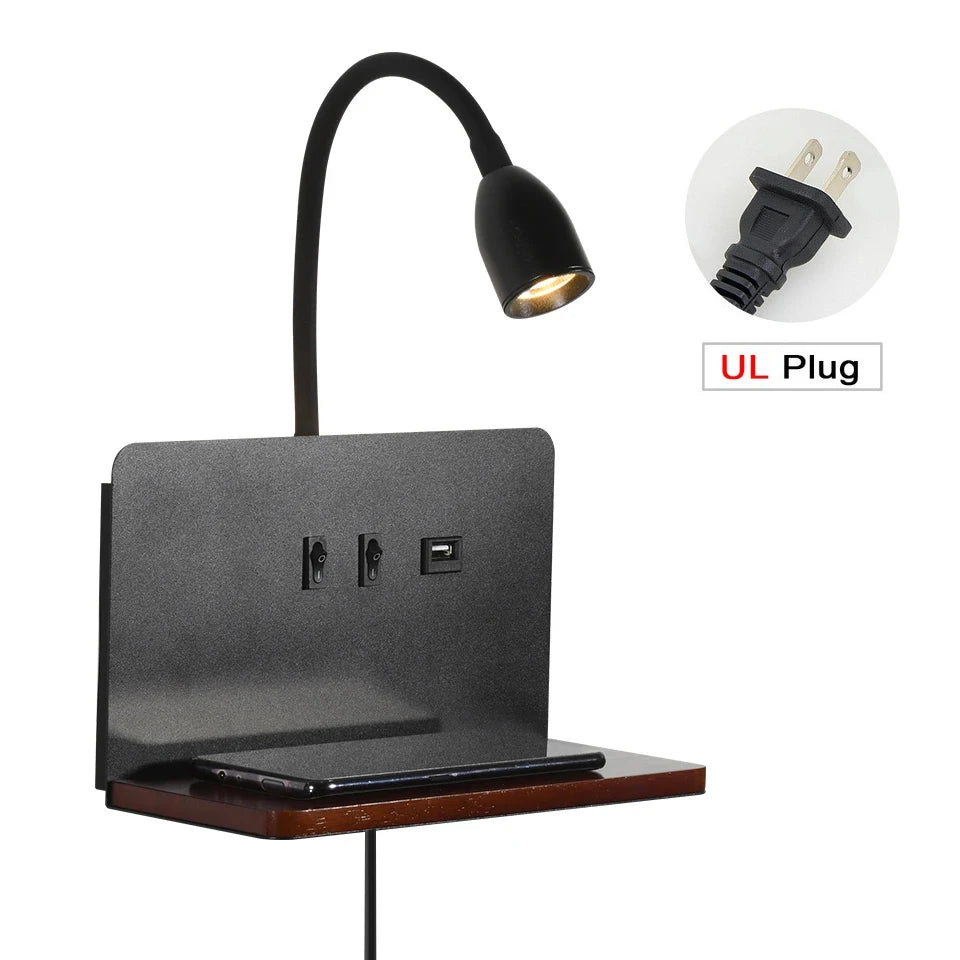 Minimalist wooden wireless charging wall lamp usb dual control switch led indoor bedside study room living light