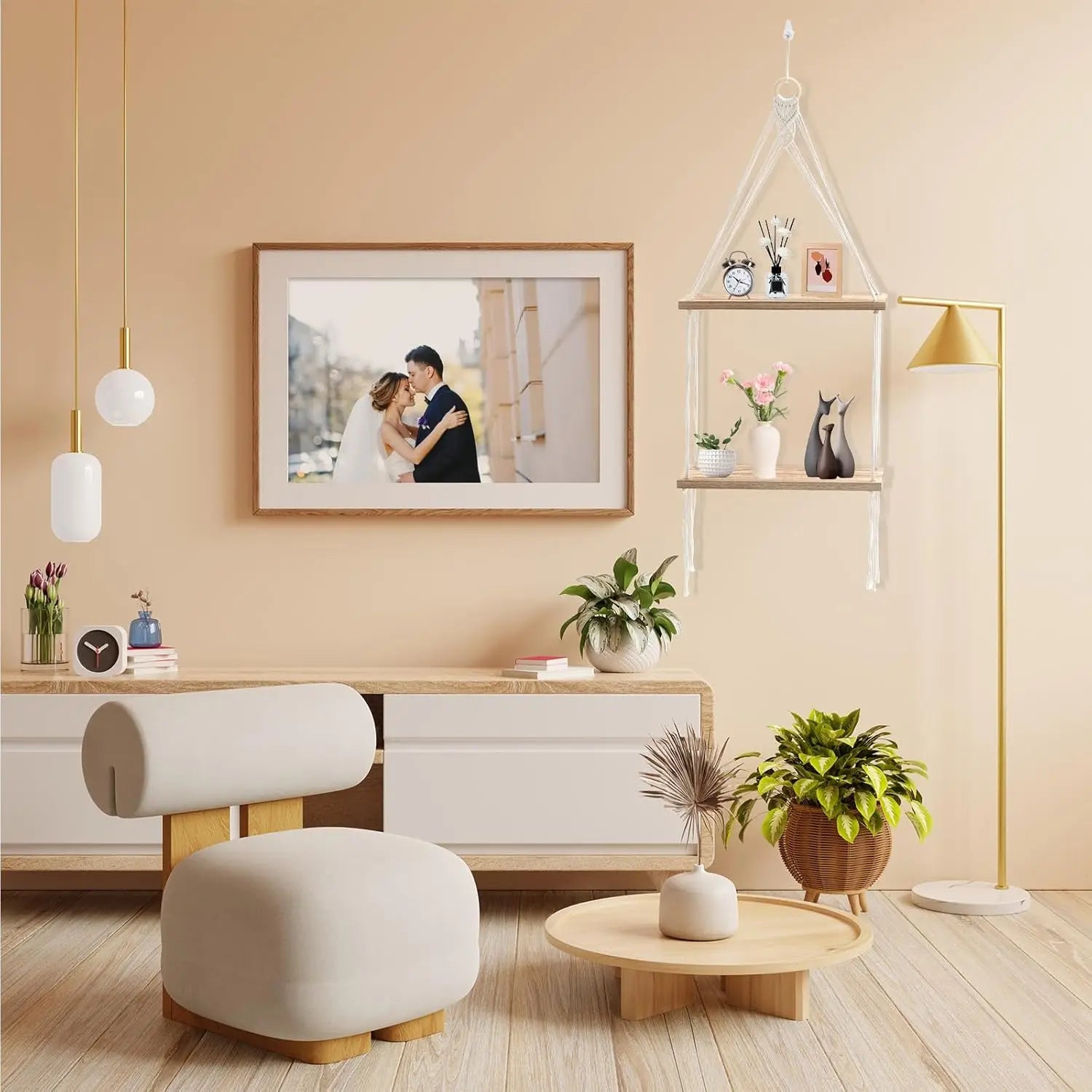 Macrame hanging shelf boho plant 2 tier wall decor wooden shelves cotton rope display photos pla - united states