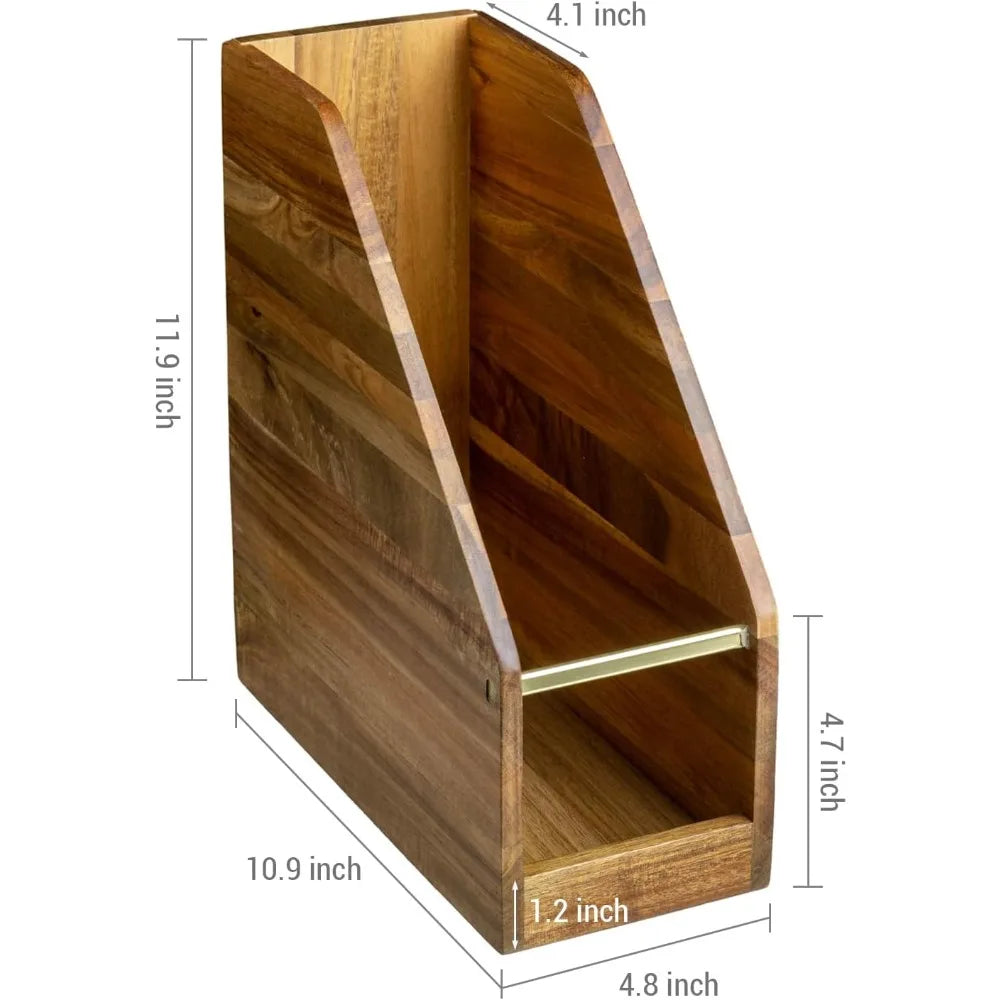 Solid acacia wood vertical magazine file holder with brass accents for office desk - united states