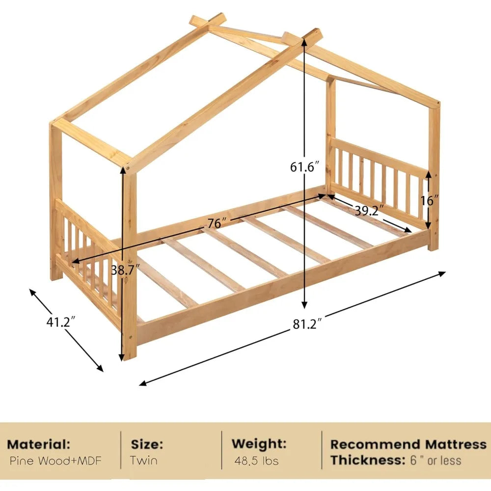 Bellemave floor house beds wood montessori bed frame twin size platform with headboard & footboard for kids boys girls
