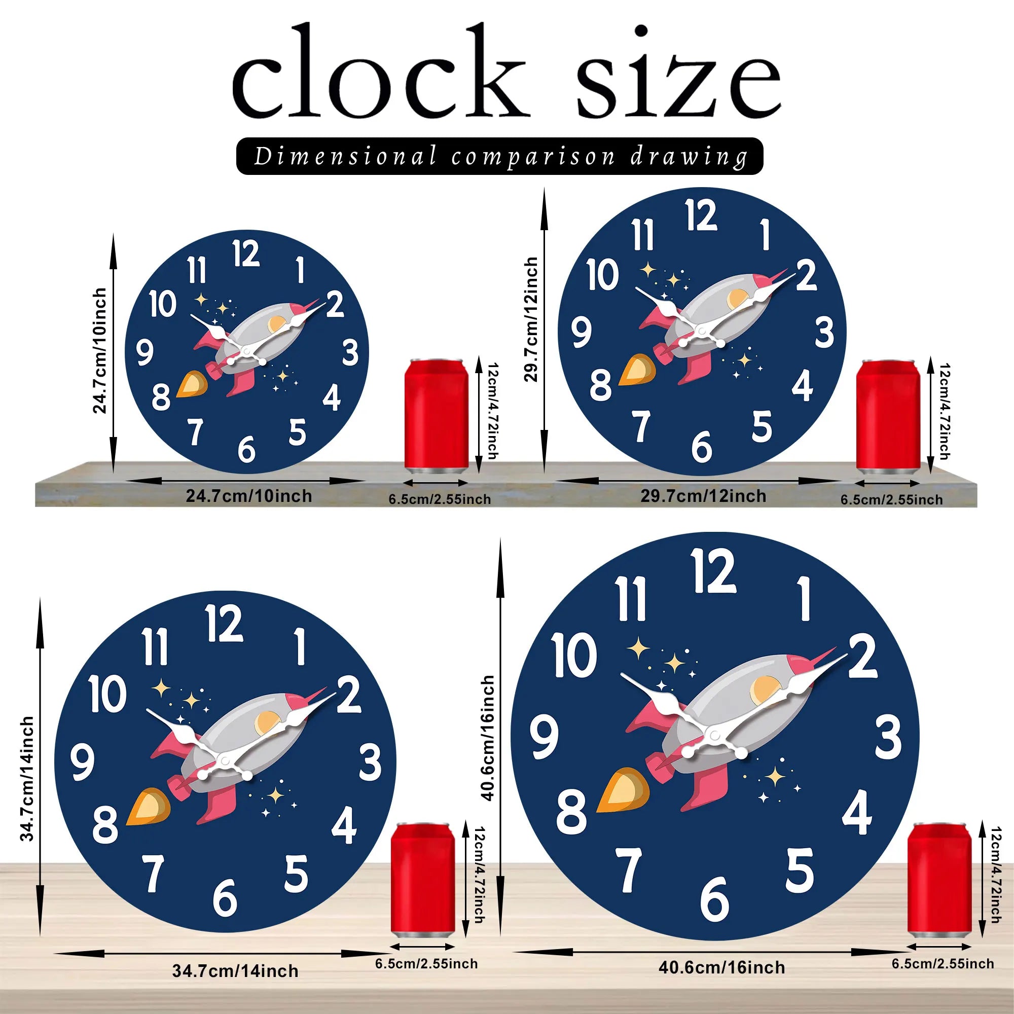 1pc 12 inch wooden wall clock space rocket design cartoon silent suitable for living room bedroom deco