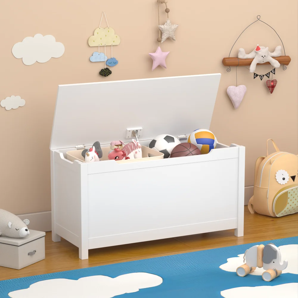 Kids wooden toy box storage with safety hinged lid for ages 2+ - united states / white - multipurpose