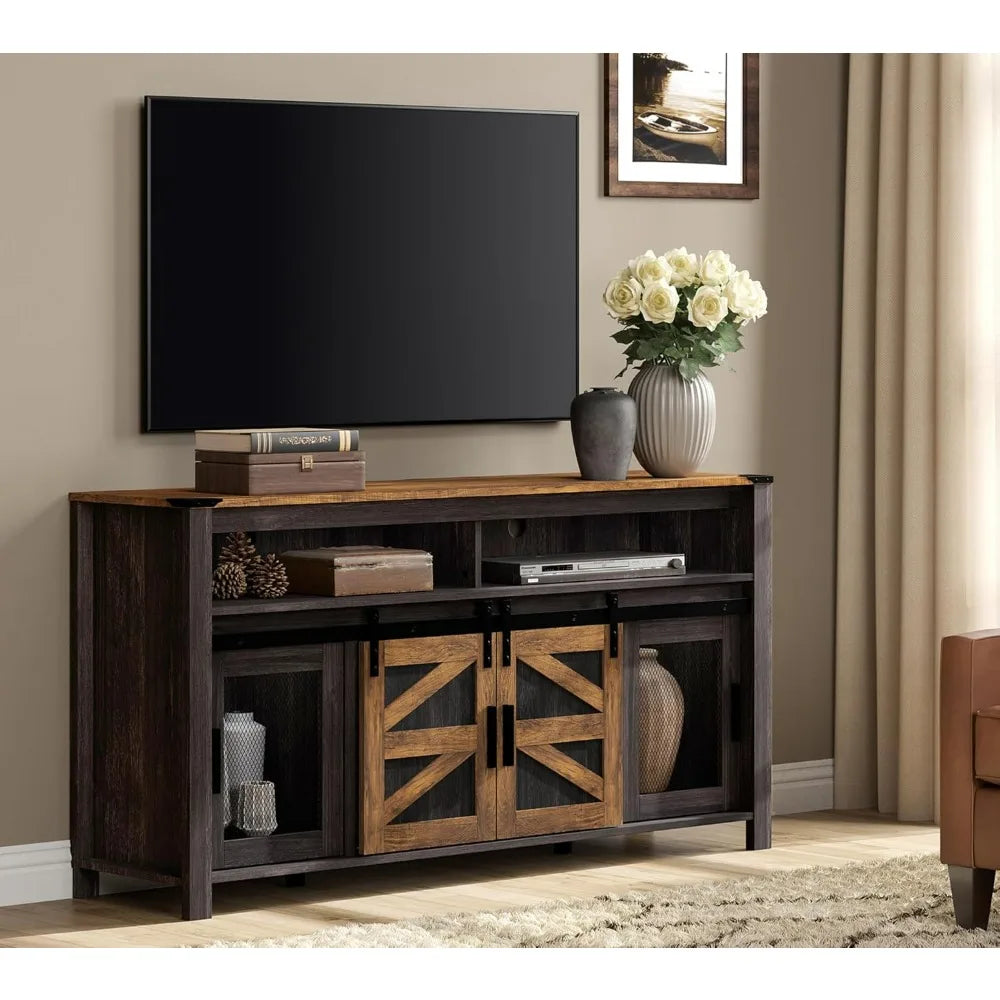 Farmhouse tv stand for 65 inch antique black & brown entertainment center with sliding barn doors and mesh tall medi