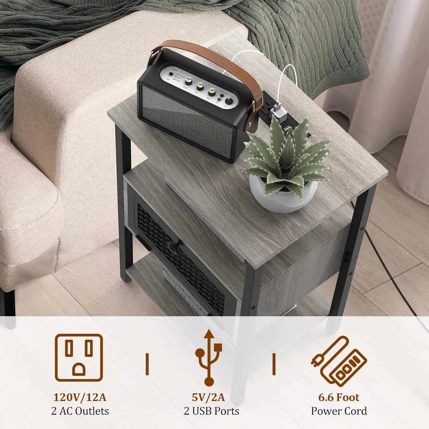 Bedside table 2-piece set with charging station suitable for bedroom living room side storage drawer - white / united