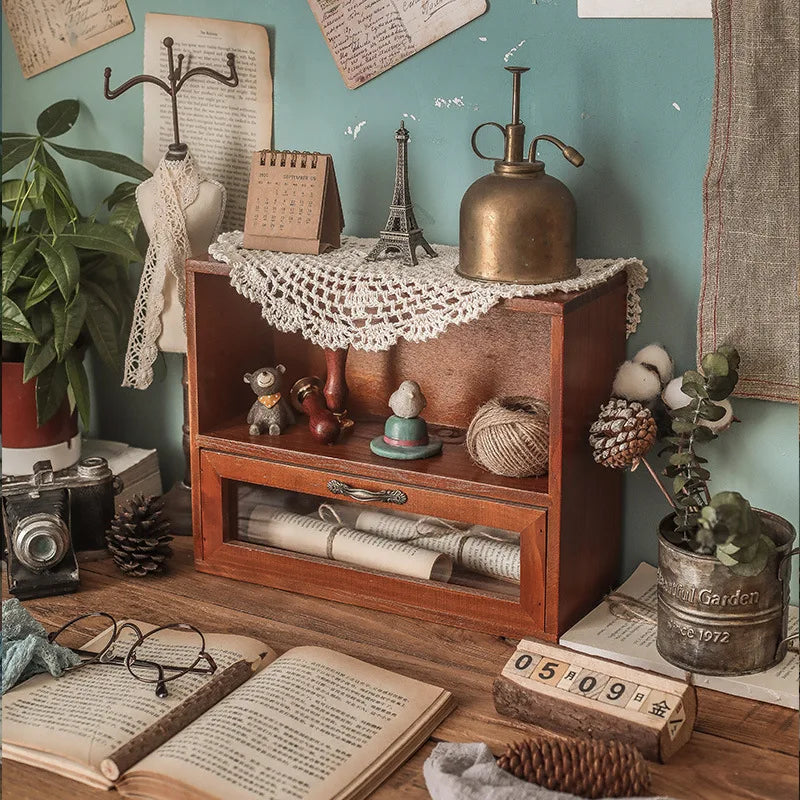 Retro wooden desk storage box multi-layer doll figure display stand desktop drawer type cosmetic jewelry decoration