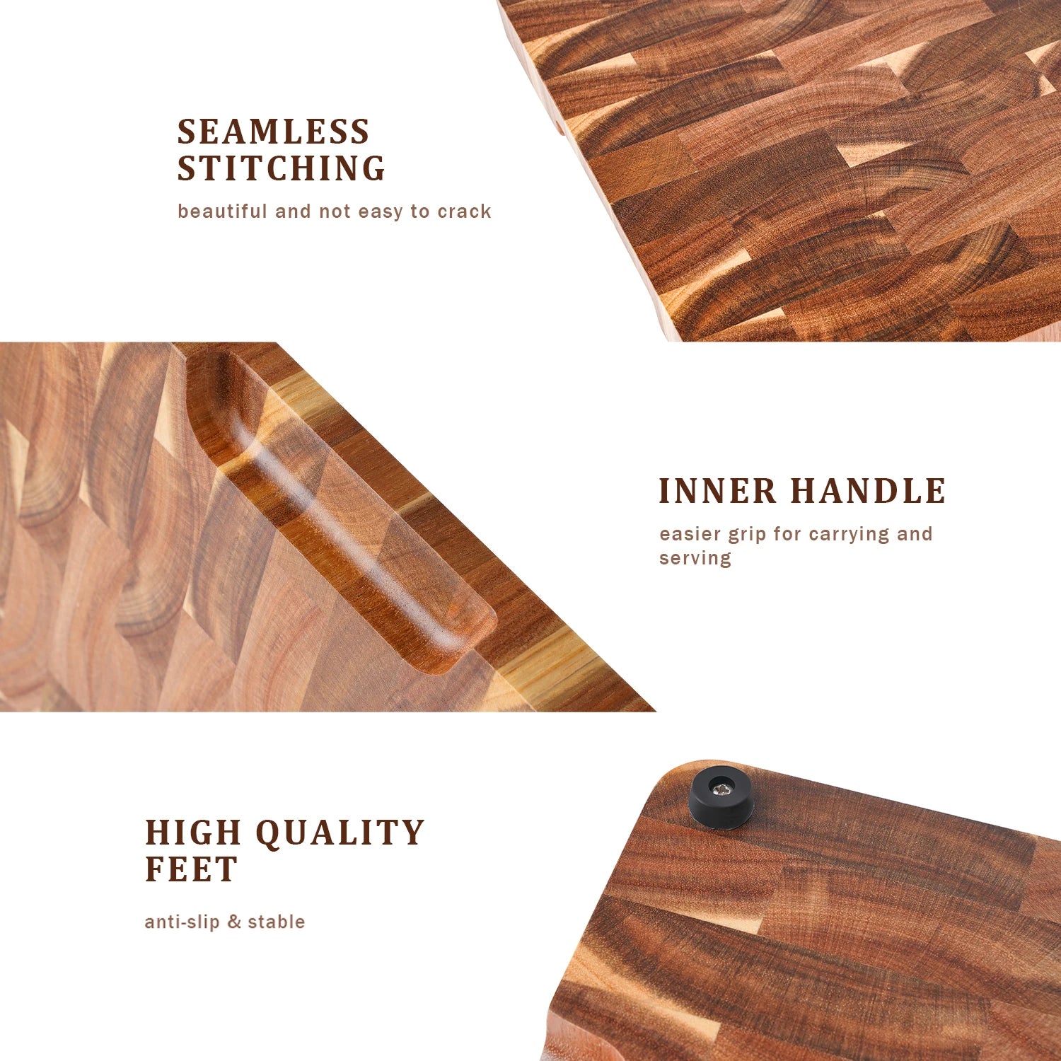 High quality 15 inch rectangular cutting board end grain acacia wood chopping with side handle - 390x275x25mm