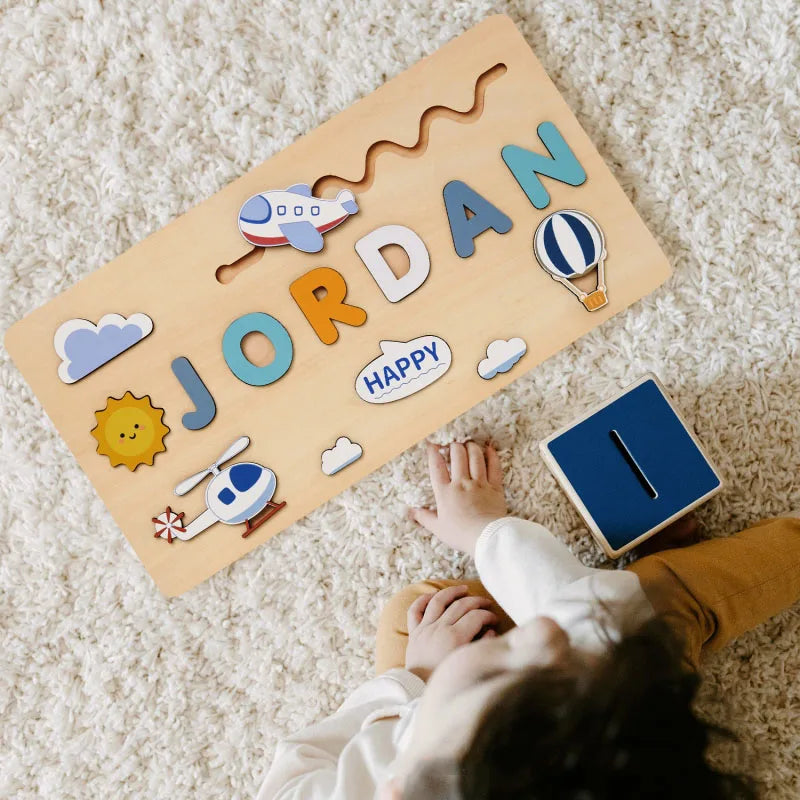 Montessori personalised wooden puzzle custom baby name jigsaw board toddlers educational shape matching toys customized