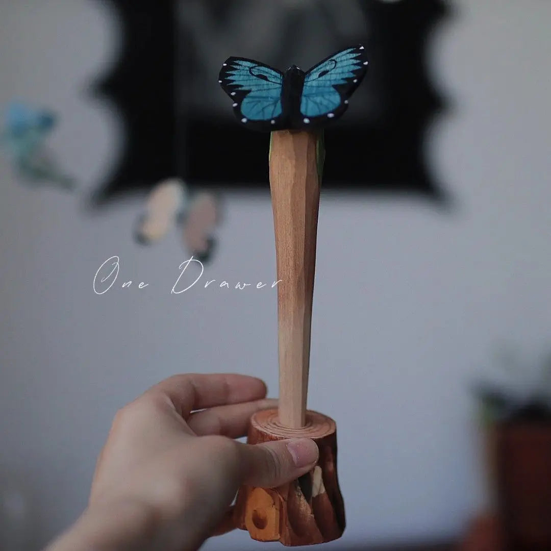 Dual-purpose vintage butterfly wood art pen，writable & display sculpture，handcrafted solid creative gift - blue