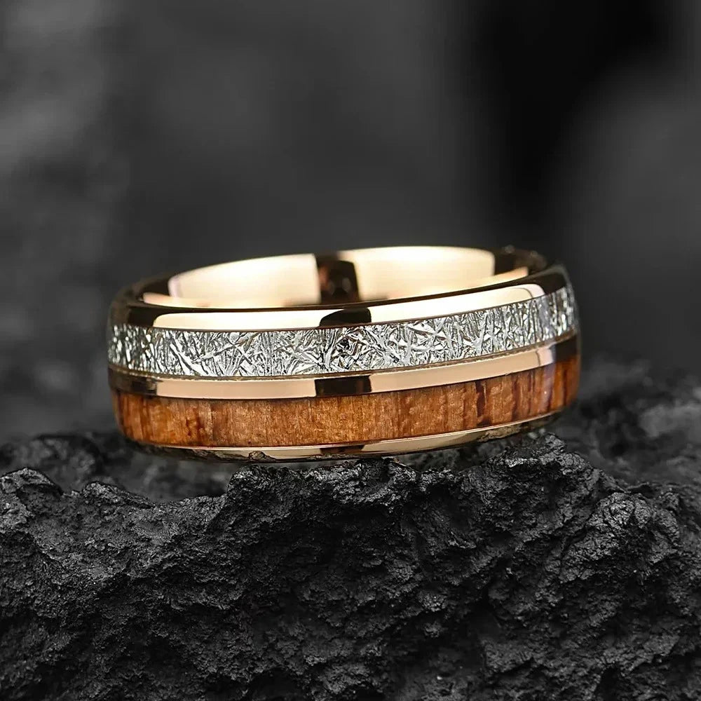 8mm men’s koa wood inlay stainless steel ring unique silver meteorite rings for gift luxury party wedding band jewelry