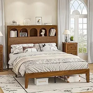 Farmhouse style queen bed frame with storage headboard and 5 arched compartments 12.4 inch high wooden base no box